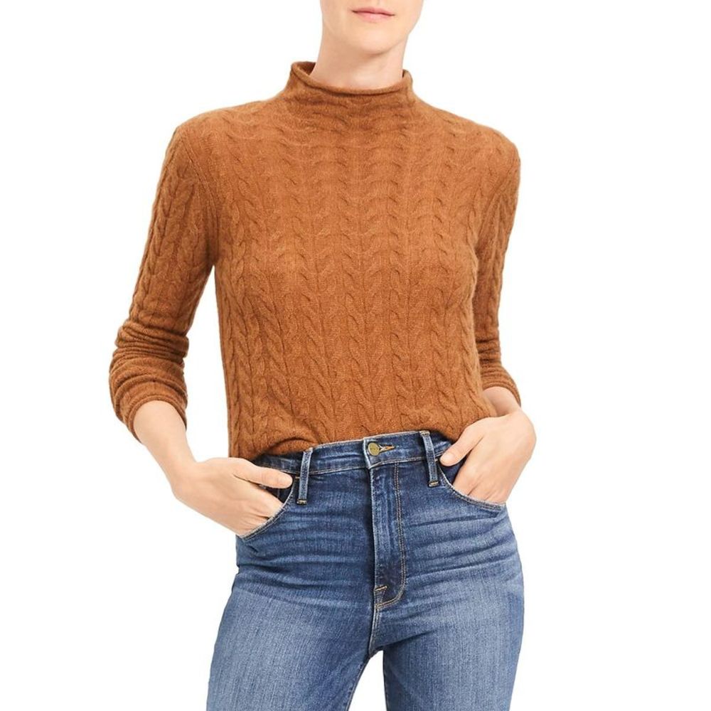 Theory Womens Brown Cashmere Cable Knit Shirt Mock Turtleneck Sweater Top NWT
